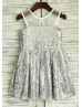 Silver Sequin Sheer Illusion Knee Length Tulle Flower Girl Dress 
